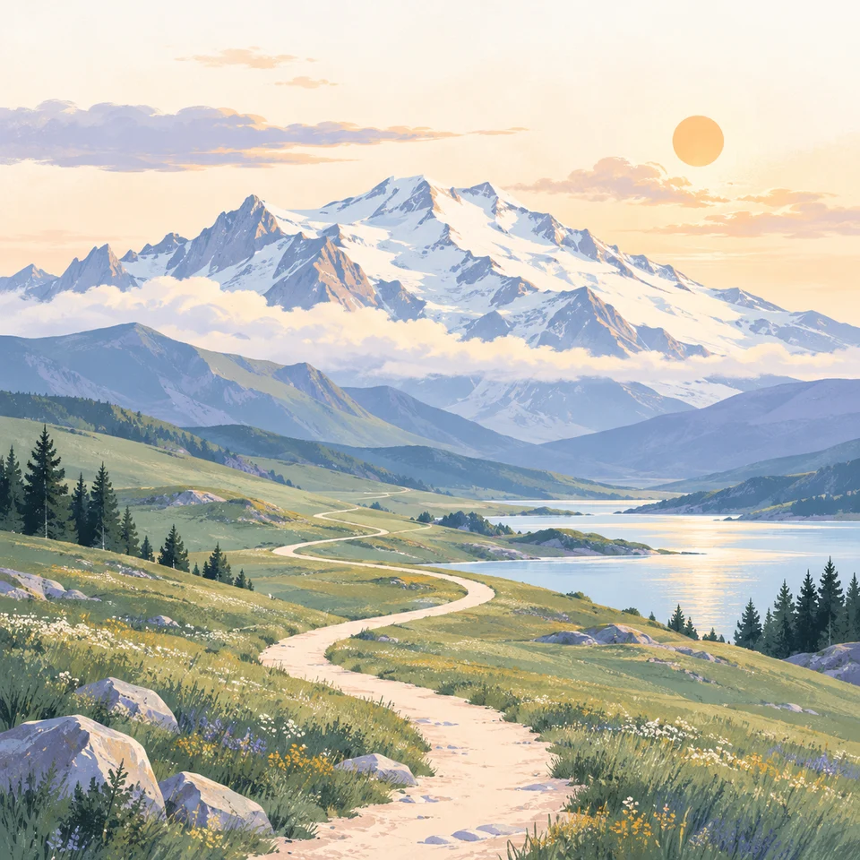 AlbumTrail launch illustration of a mountain path leading toward a lake and snowy peaks