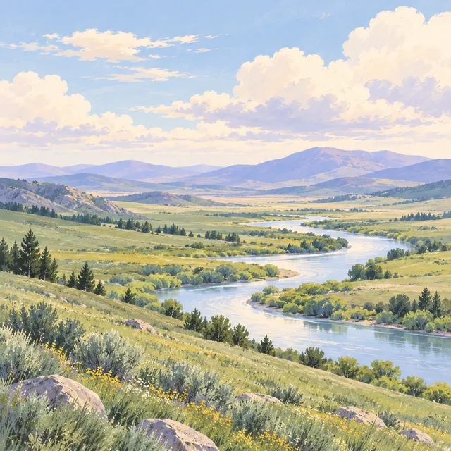 AlbumTrail launch illustration of a river winding through a valley