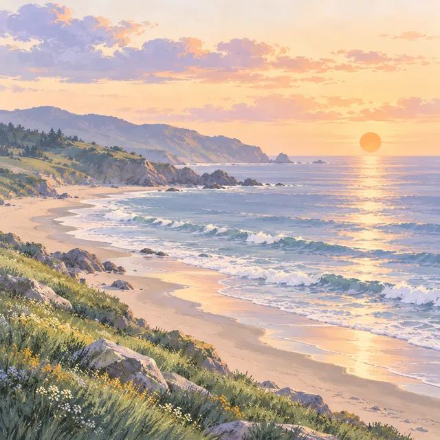 AlbumTrail launch illustration of a coastline and waves